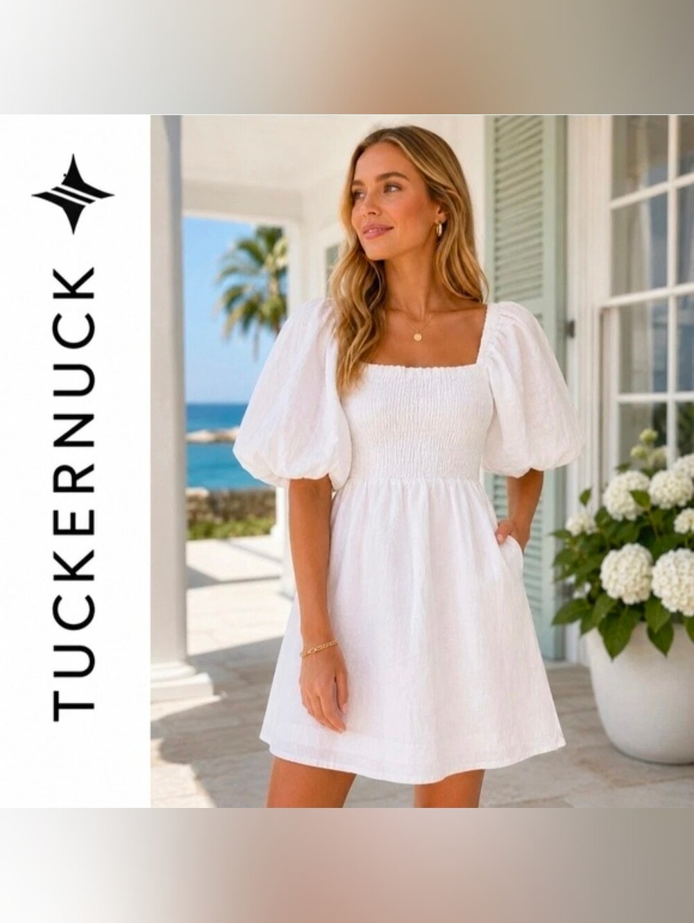 Tuckernuck Annie Smocked Mini Dress in Off White Cottagecore Puff Sleevees Sz M